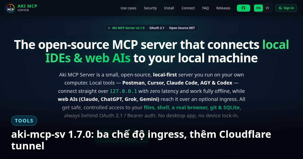 aki-mcp-sv 1.7.0: ba chế độ ingress, thêm Cloudflare tunnel