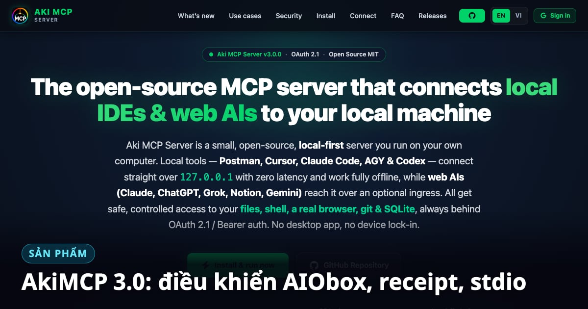 AkiMCP 3.0: điều khiển AIObox, receipt bắt buộc, chế độ stdio