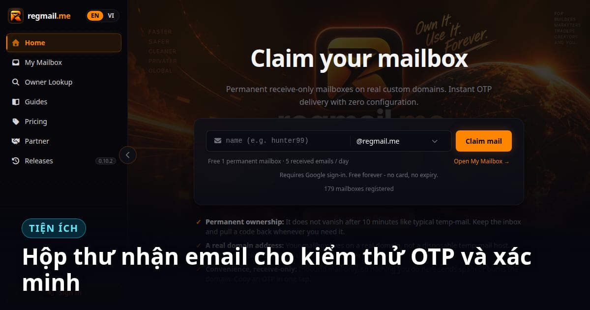 Hộp thư nhận email cho kiểm thử OTP và xác minh