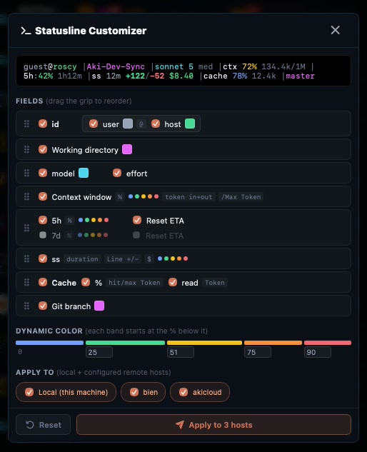 The Statusline Customizer interface with a drag-and-drop field list and a live preview line